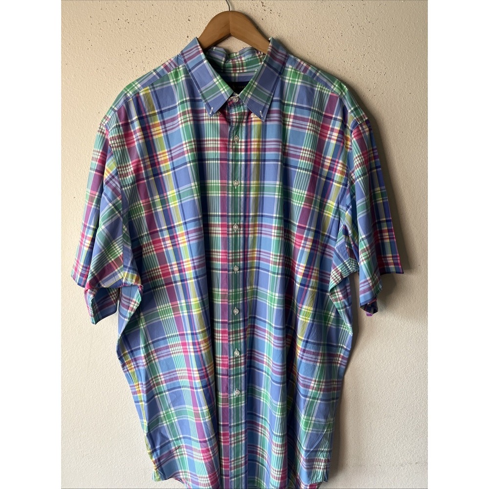 Ralph Lauren short sleeve button down oxford shirt 3XLT Men plaid blue Cotton - Picture 3 of 16